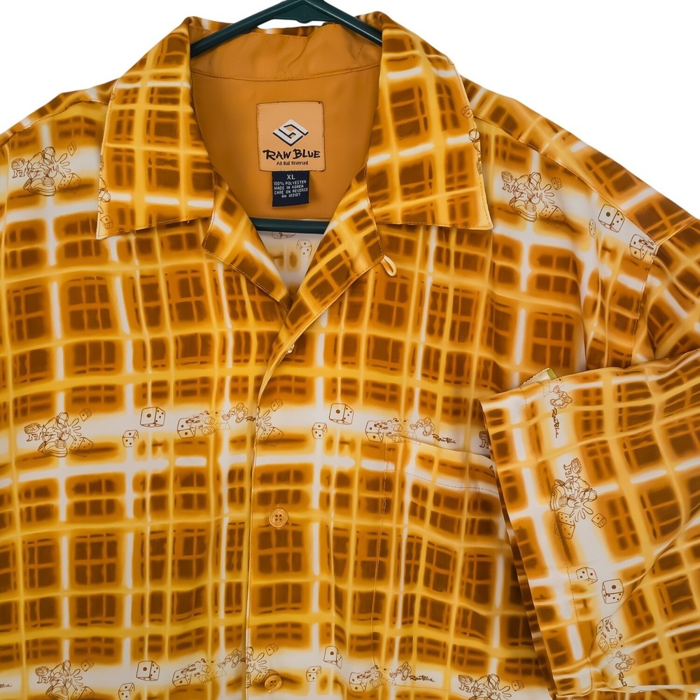 Raw Blue Button Down Shirt Mens XL Yellow Grid Dice Graphic Print Polyester